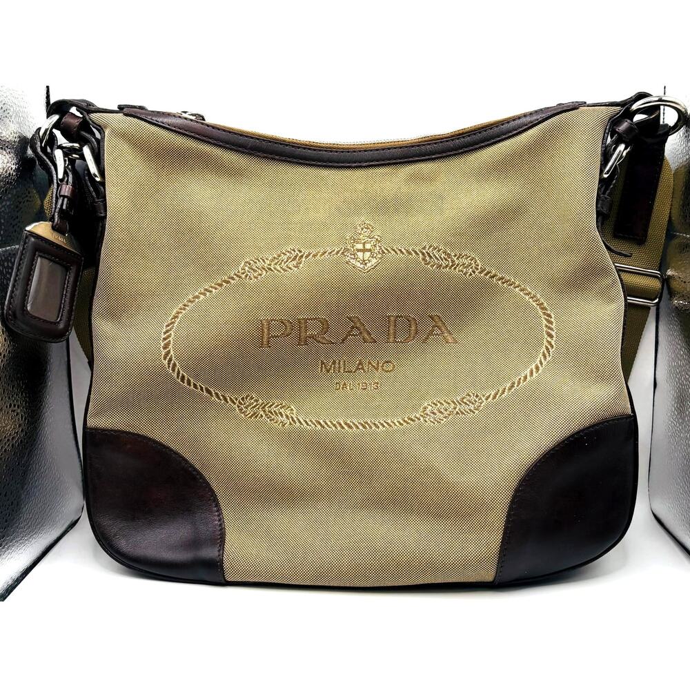 Prada Logo Jacquard Canvas and Leather Shoulder Bag - No Flaws, Authenticated